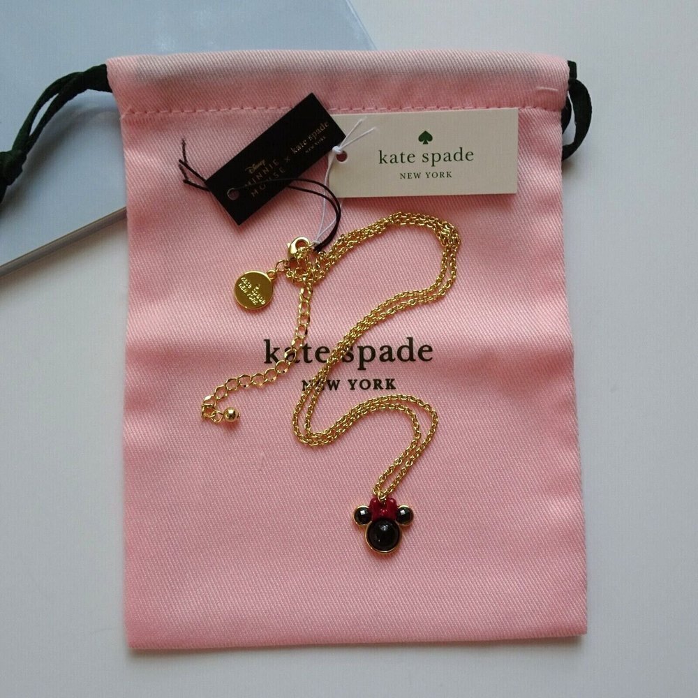 New Disney x Kate Spade Minnie Mouse Necklace Pendant Goldtone With Dust Bag